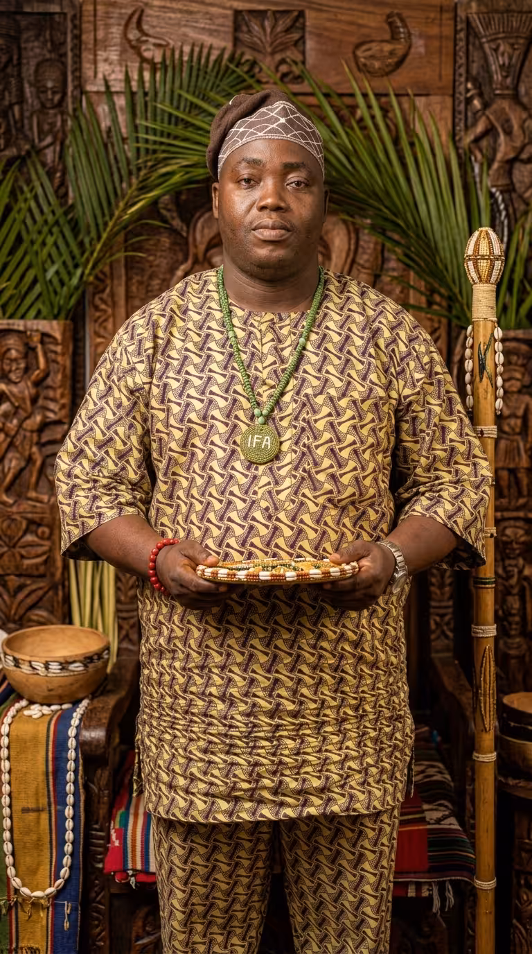 Oluwo Falodun Fajemilusi Olokuntoye realizando una consulta de Ifá